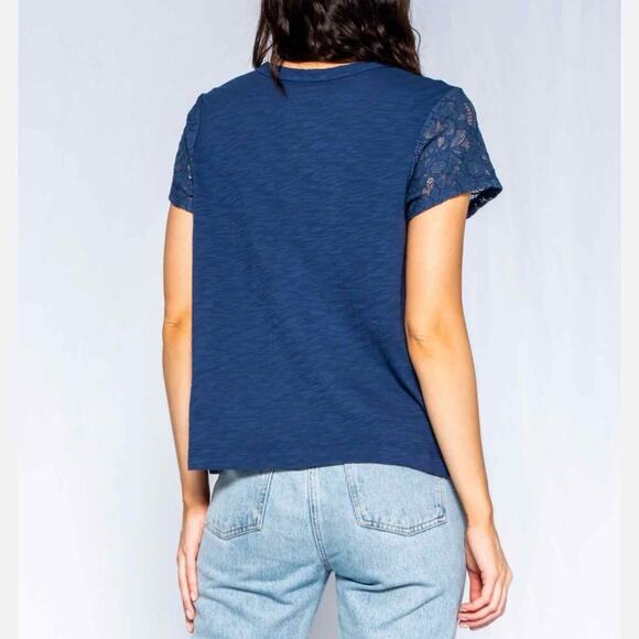 WILT Shrunken Crew Tee with Lace Sleeves Slub 100% Cotton Small Blue - Picture 11 of 12